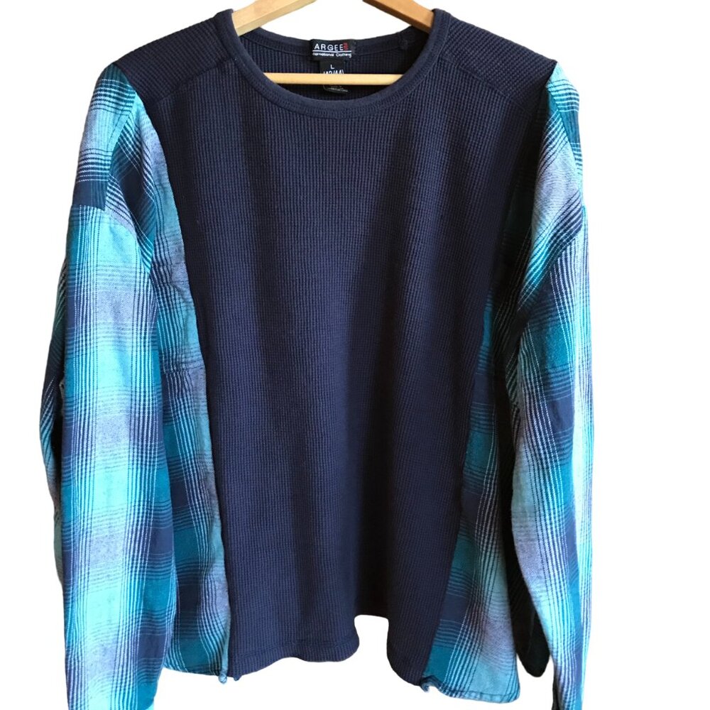 Reworked Flannel Tee, Upcycled Unisex Oversized Waffle Knit Shirt Size L - 2XL